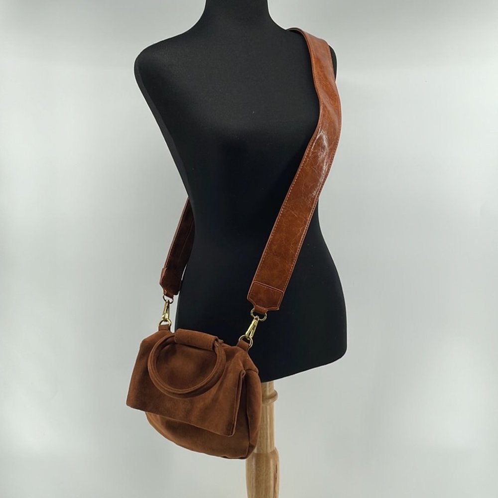 Anthropologie Cocoa Blake Wide Strap faux Suede Leather Crossbody Bag brown - Picture 4 of 13